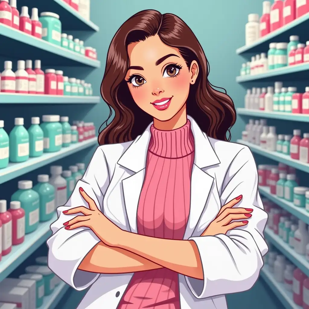 Pharmacist girl in pop art style at the pharmacy in a robe in a pink sweater