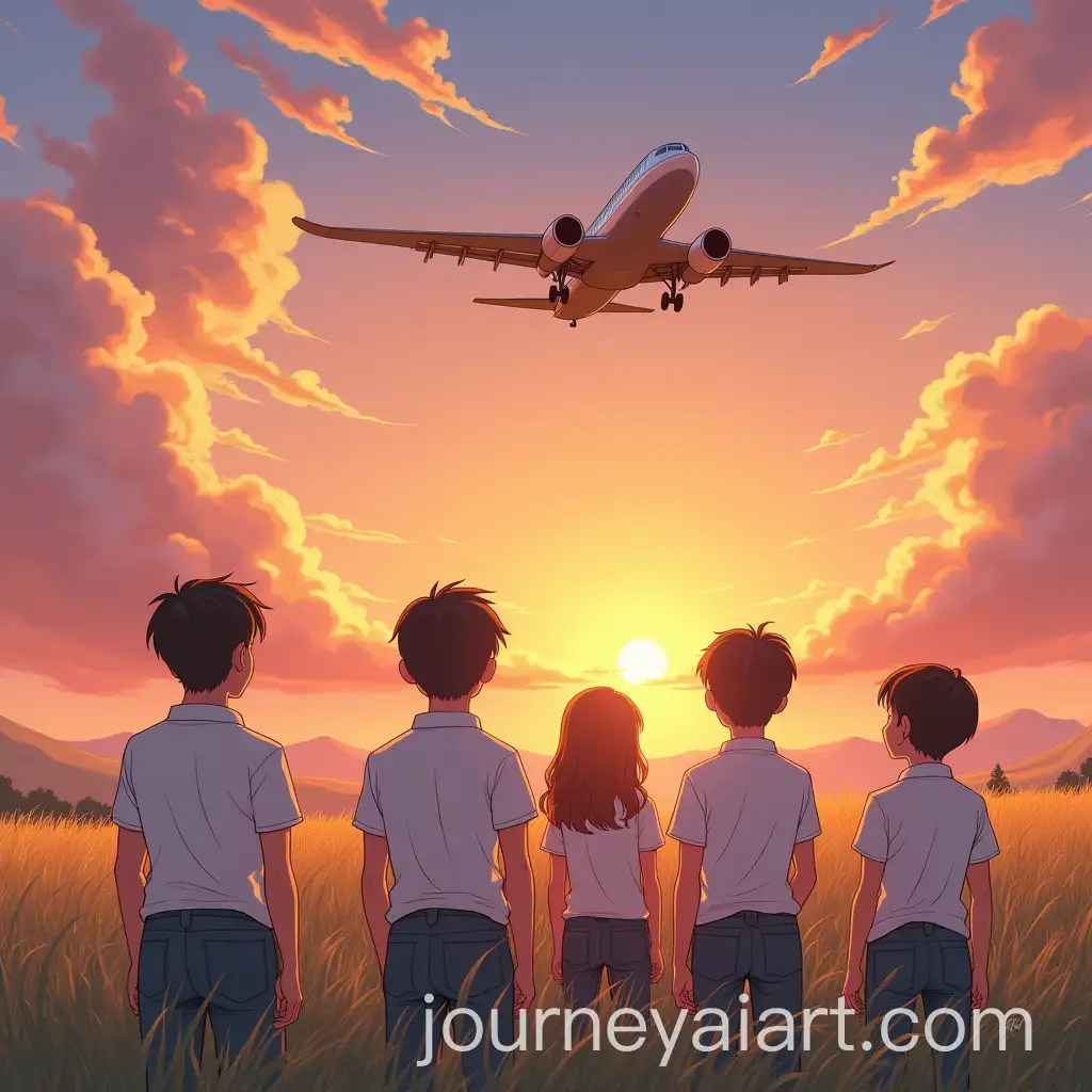 Teenagers-in-90s-Anime-Style-Watching-Plane-Fly-at-Sunset