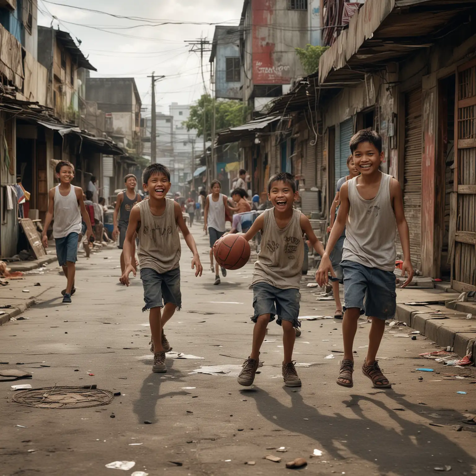 Create a photorealistic image of five smiling pre-teen Filipino children in ragged, tattered clothes, playing basketball on a makeshift basketball court in a corner street alley, surrounded by stores and shops, Manila slum setting, people watching and passing by in the background, outdoor lighting, intricate, detailed, elaborate, photorealistic, street photography, photo journalism, award winning photo, meaningful, poignant, clear faces, 8K, UHD, HDR.