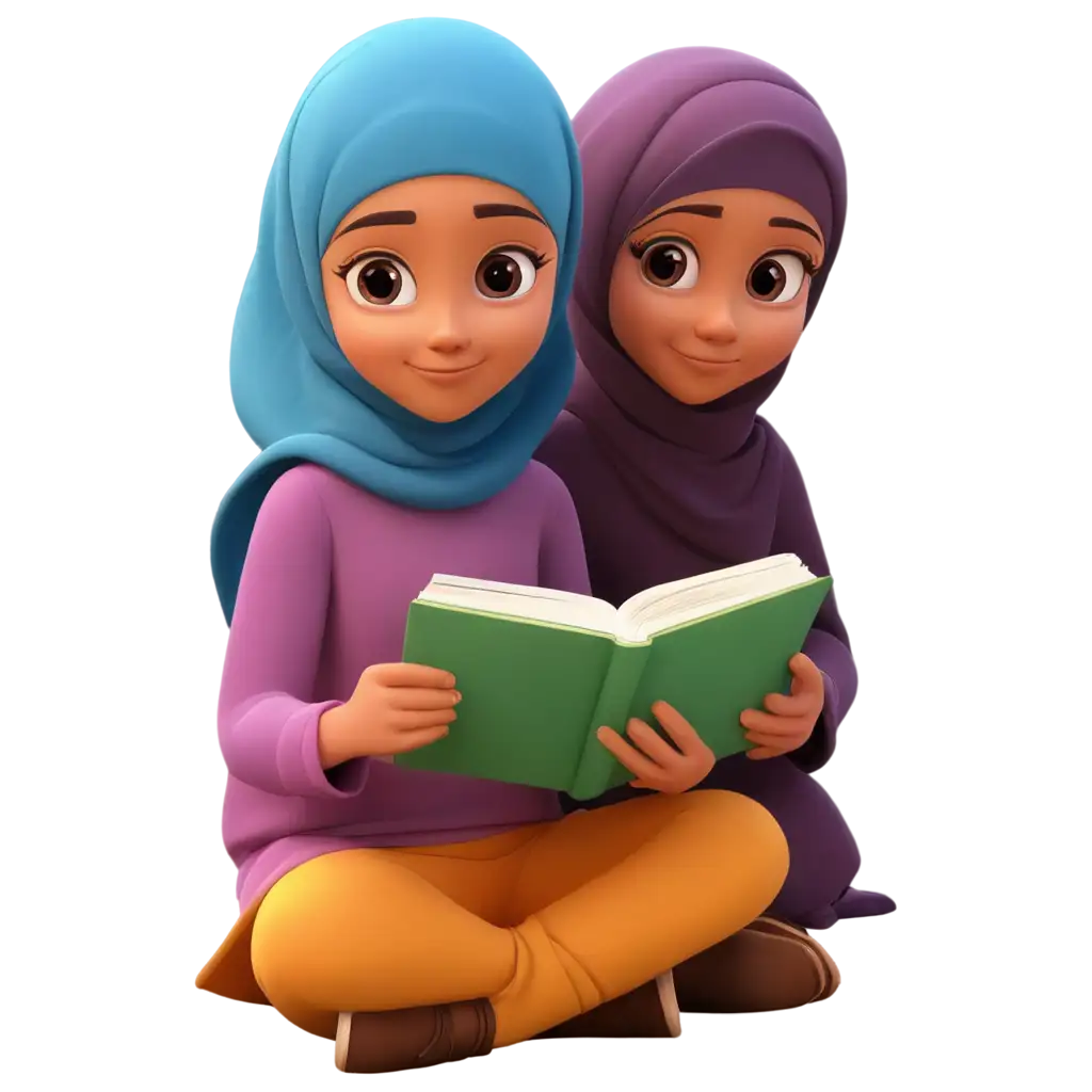 PNG-Cartoon-Image-of-Muslim-Girls-Reading-a-Book-Illustration-for-Educational-Websites-and-Publications