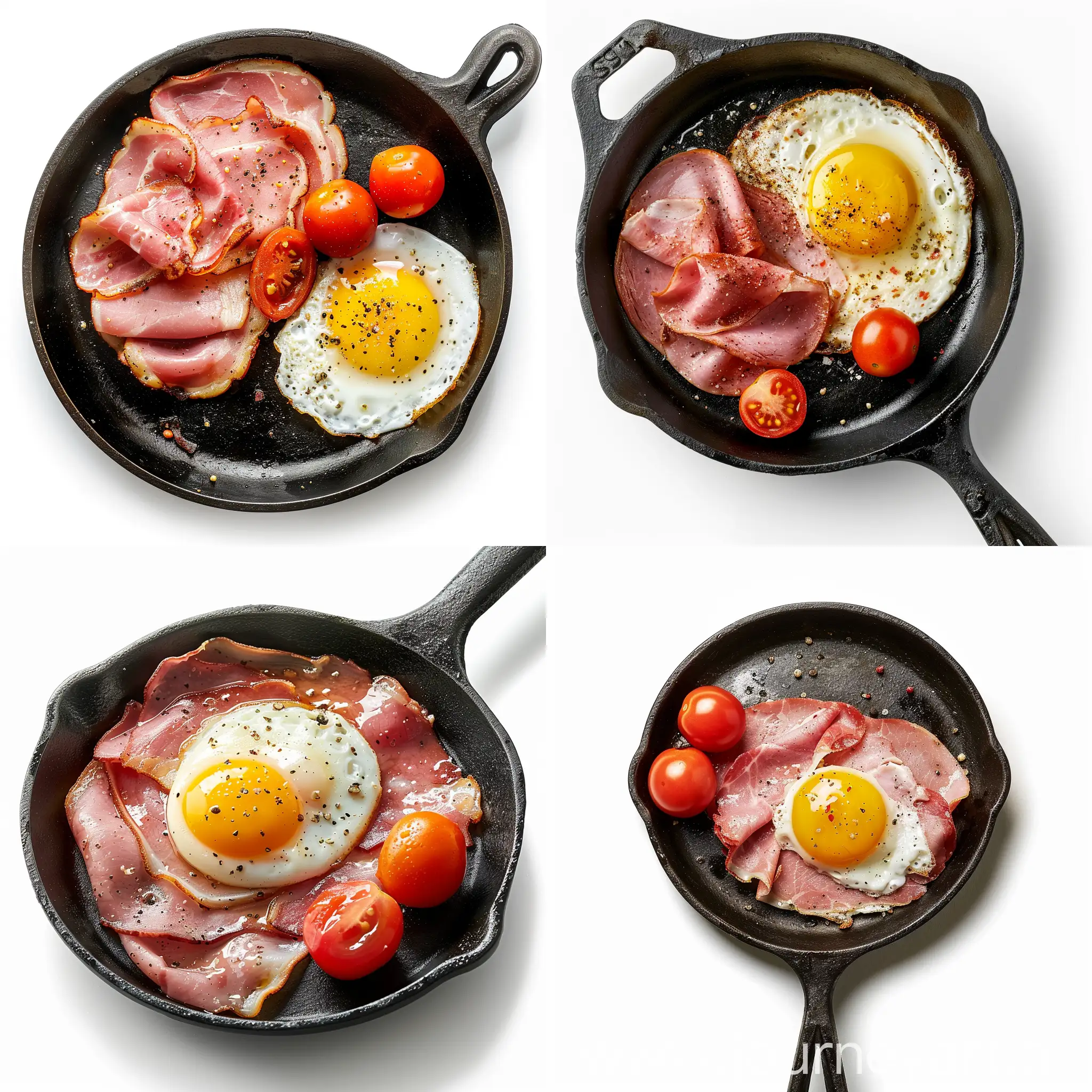 Delicious-Fried-Egg-and-Ham-Slices-on-Iron-Skillet-with-Cherry-Tomatoes