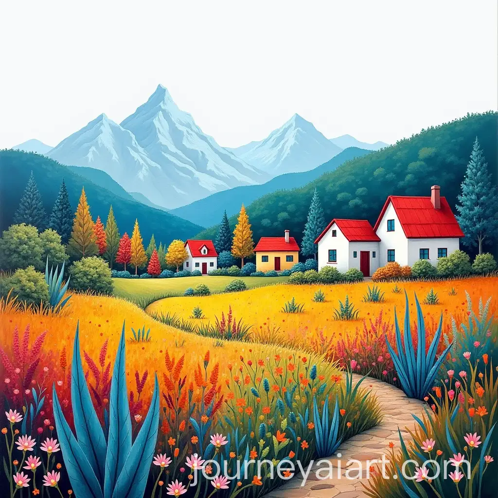 Vibrant-Landscape-with-Houses-Mountains-and-Lush-Plants-in-Bold-Brushstrokes