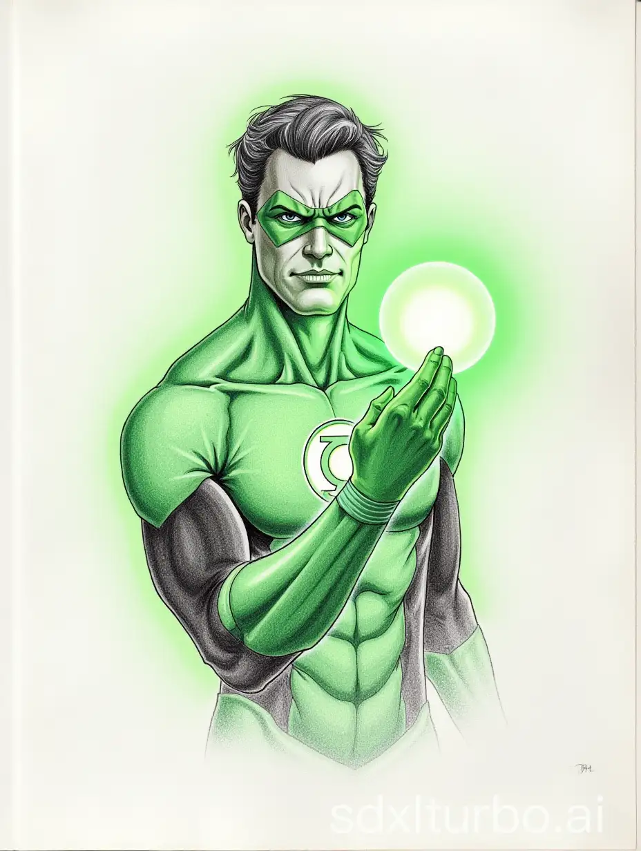 Pencil drawing of green lantern inside a sketch book