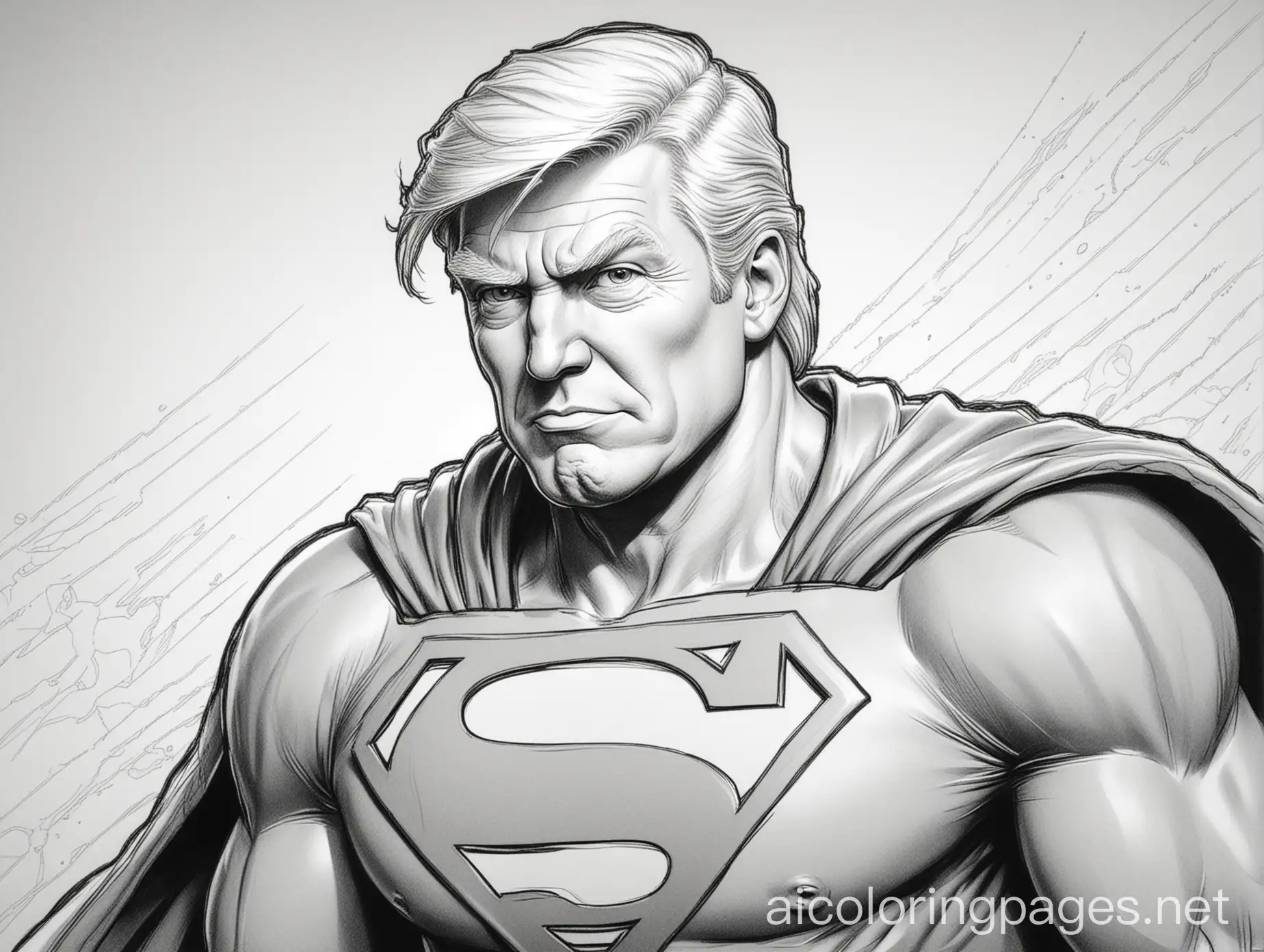 brightly colored Donald Trump superman graphic novel coloring book style, Coloring Page, black and white, line art, white background, Simplicity, Ample White Space. The background of the coloring page is plain white to make it easy for young children to color within the lines. The outlines of all the subjects are easy to distinguish, making it simple for kids to color without too much difficulty