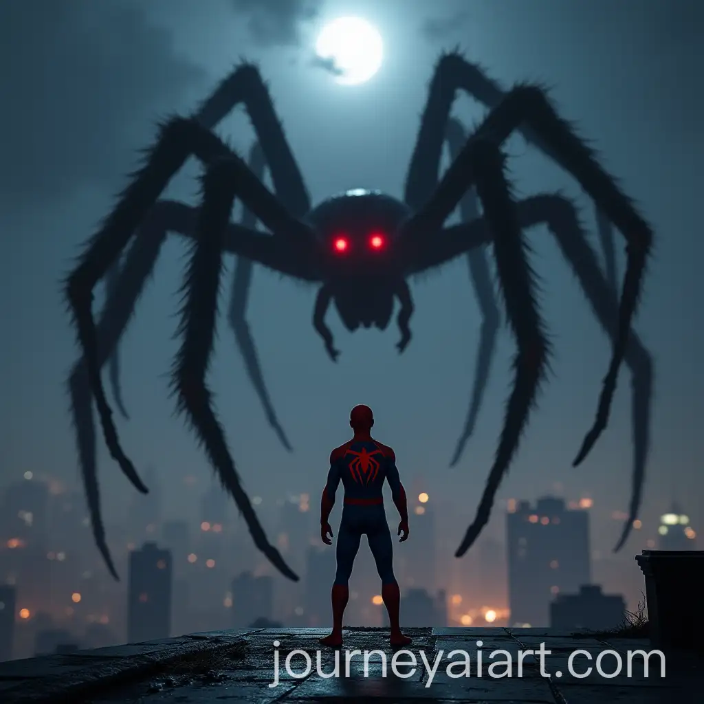 SpiderMan-Facing-a-Giant-Spider-on-a-Rooftop-at-Night-with-Dramatic-Lighting