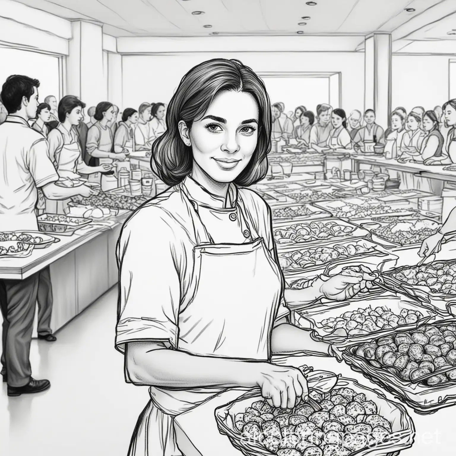a woman serving food to disaster victims at a buffet line, Coloring Page, black and white, line art, white background, Simplicity, Ample White Space. The background of the coloring page is plain white to make it easy for young children to color within the lines. The outlines of all the subjects are easy to distinguish, making it simple for kids to color without too much difficulty