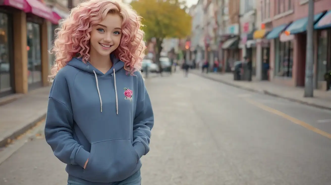 Smiling-Young-Woman-with-Curly-Blonde-Hair-Walking-in-Raspberry-Hoodie