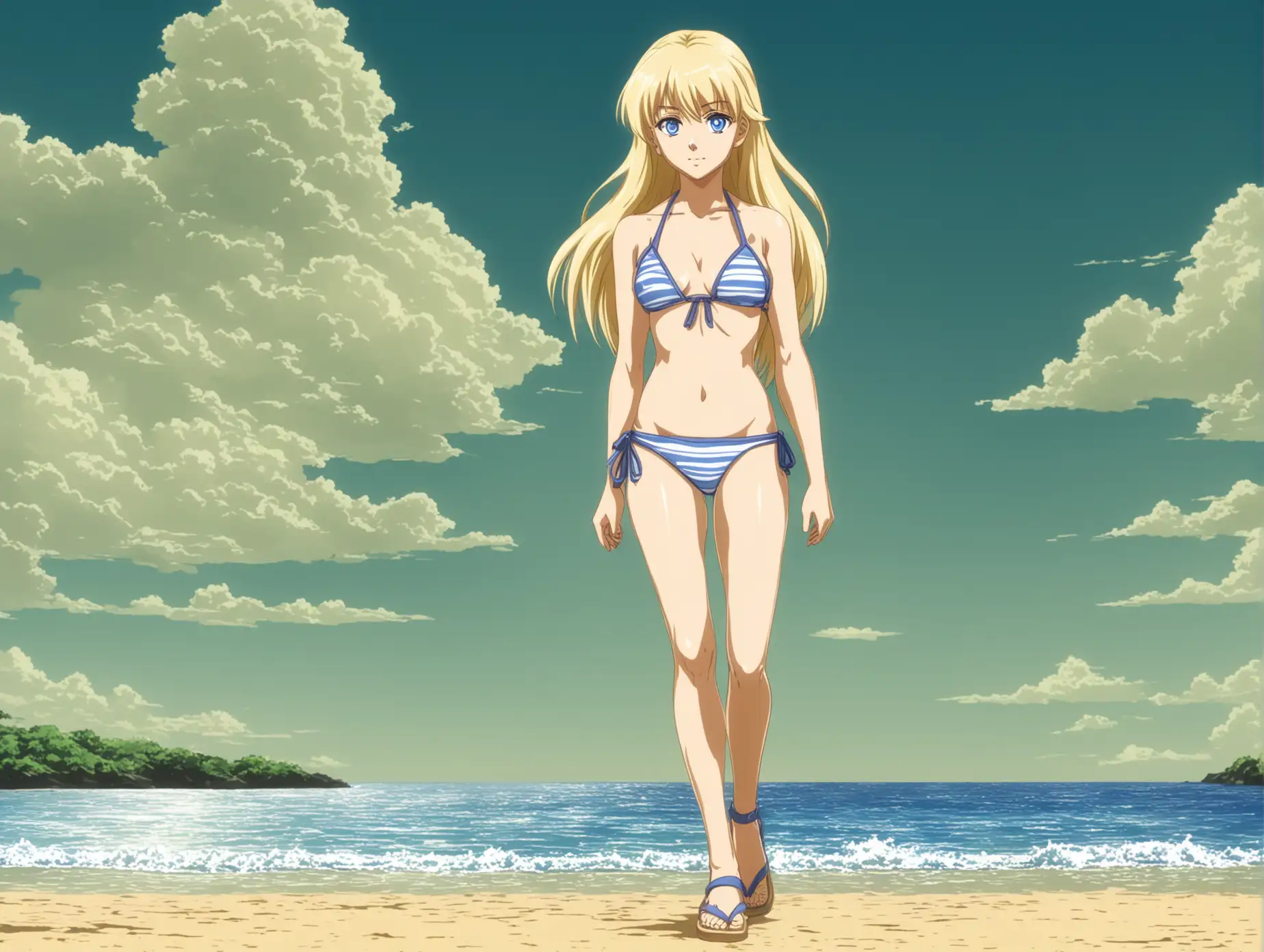 Young-Blonde-Woman-in-Bikini-Walking-on-the-Beach-Anime-Style