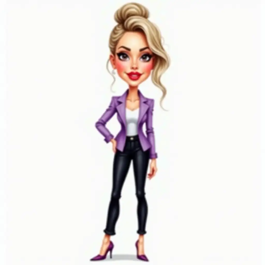 Caricature, Young woman in full height, ash-blonde hair gathered in a bun, plump red lips, expressed cheeks, she is dressed in a stylish lavender jacket and black trousers, pumps on high heels, bright watercolor, caricature