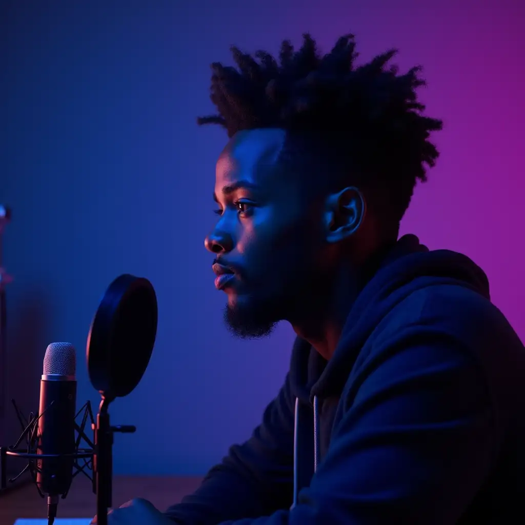 20 years old african american Boy , in front of desk , microphone, blue, purple neon light,  Close up, podcast. sharp edge hair