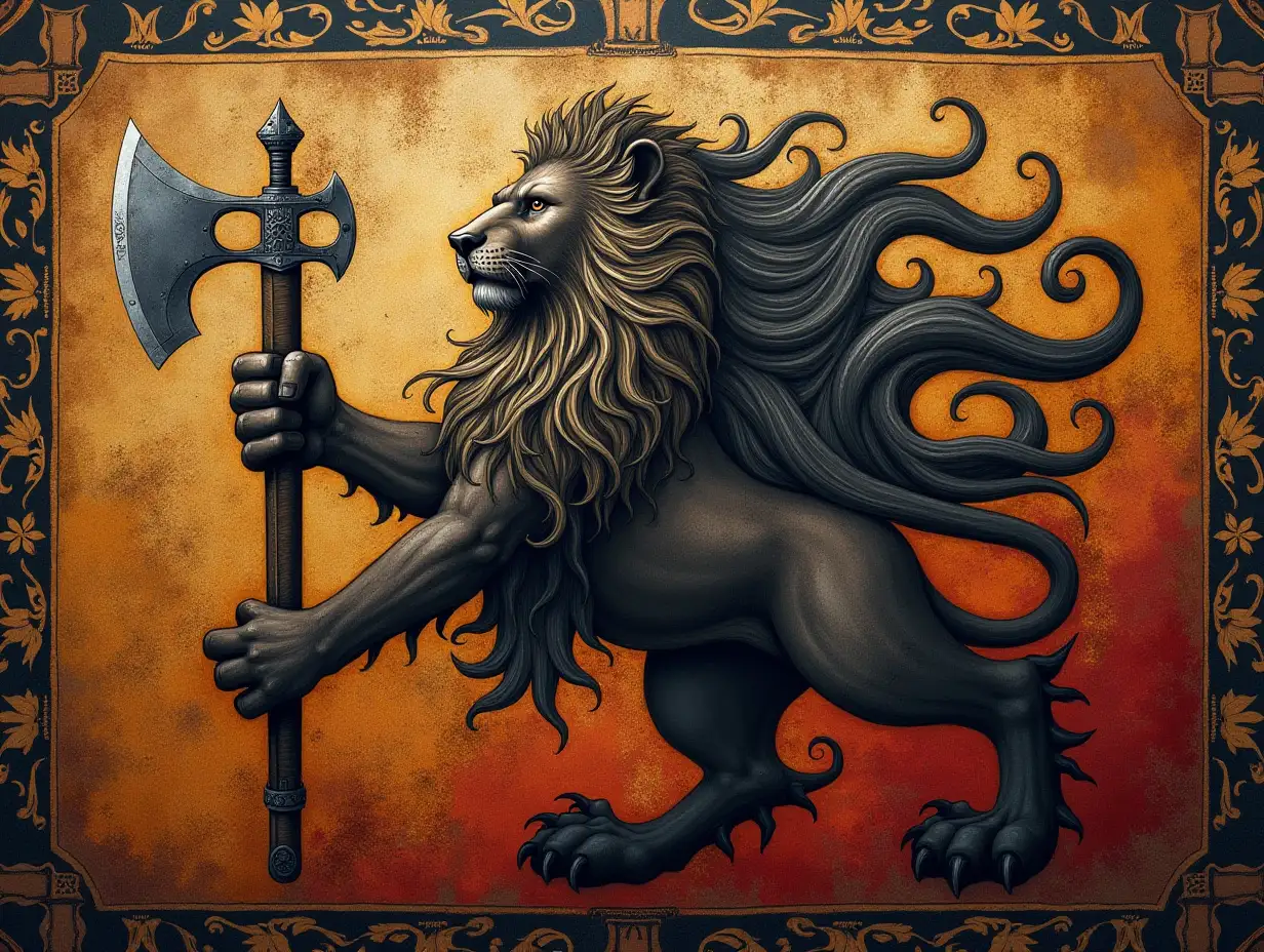 ancient flag I lion, brown and grey, germanic , some shodow smok, dust, sword and axe , arabic letter OM