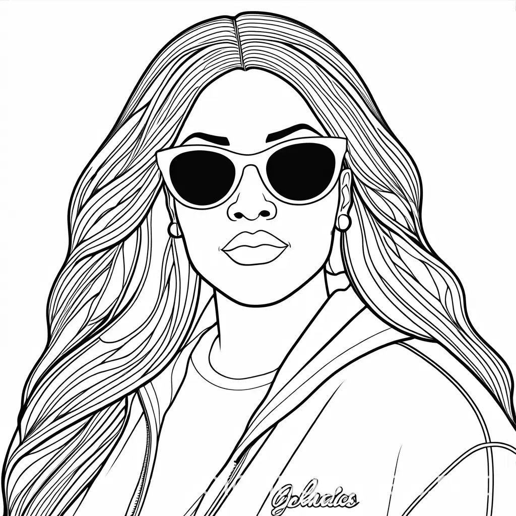 Black and white line art style coloring page. White background of a curvy African American woman. She has long straight hair . She is wearing  pair of shades. She is wearing a sweatshirt and a pair or jeans. She has on large hoop earrings and is wearing a pair of name brand tennis shoes., Coloring Page, black and white, line art, white background, Simplicity, Ample White Space.
