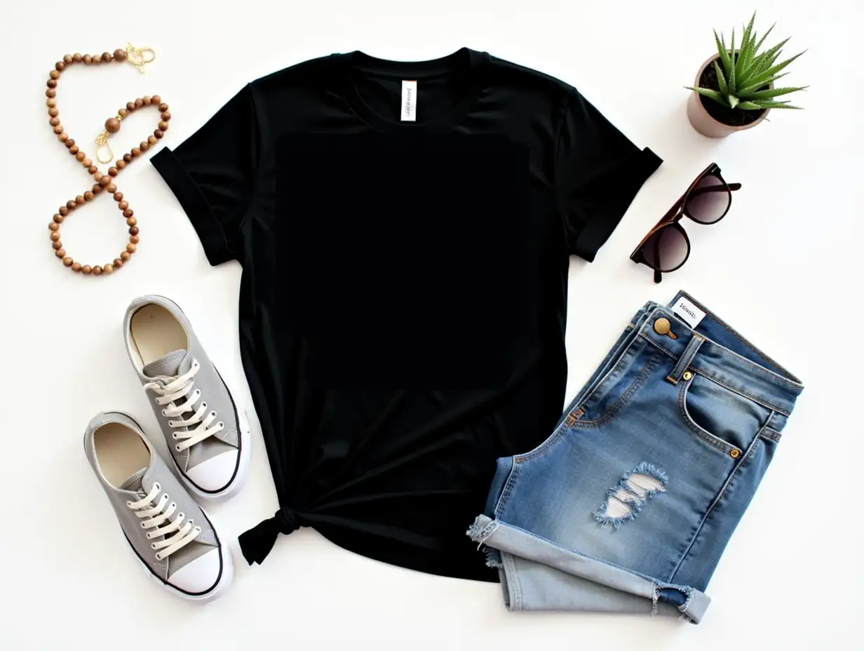 64k. A black t-shirt. It's paired with a pair of denim shorts, a pair of sneakers, a strand of wooden beads, and a pair of sunglasses. The items are arranged on a white background, with a small potted plant adding a touch of greenery. The overall style is relaxed and casual, with a focus on comfort and versatility. High Resolution, Detail, Clear Tones. Digital art with a realistic style.