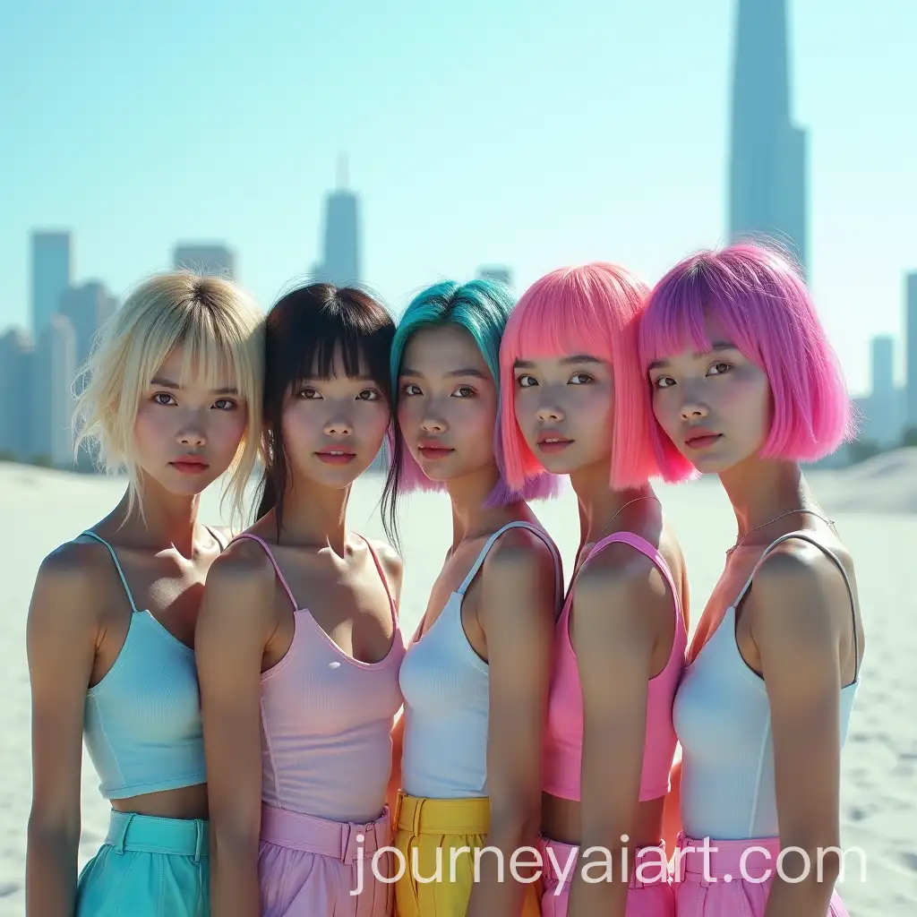 Five-18YearOld-AsianAI-Image-Prompt-Expansion-Girls-with-Futuristic-Hairstyles-on-a-Serene-Beach