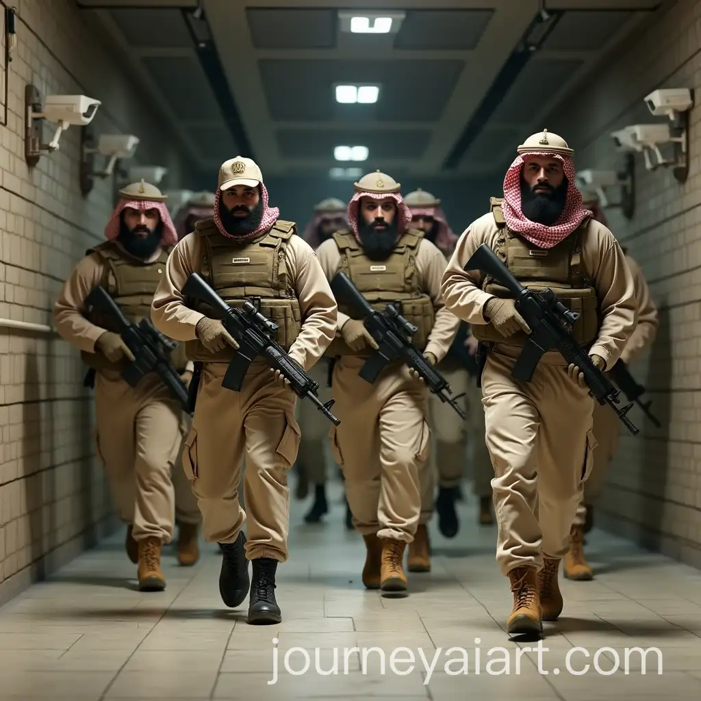 Athletic-Military-Men-Running-in-an-Underground-Bunker-with-Surveillance-Cameras