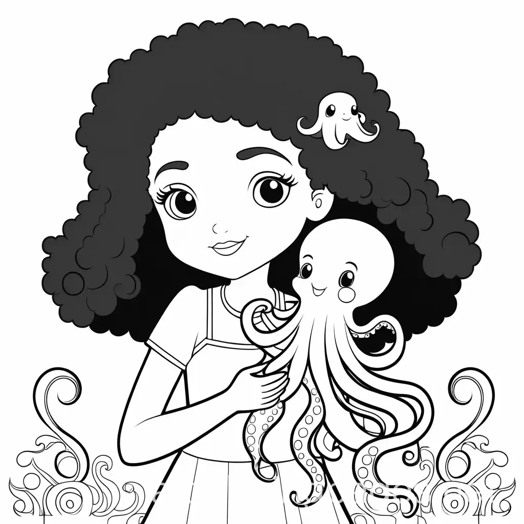 CurlyHaired-Girl-with-Pet-Octopus-Coloring-Page-Black-and-White-Line-Art