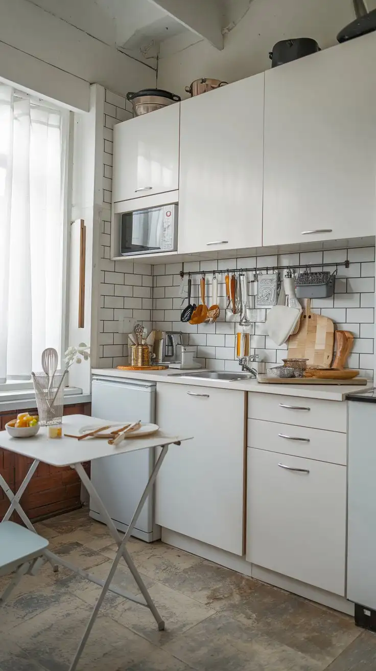 Compact-Kitchen-with-White-Cabinets-and-Foldable-Table