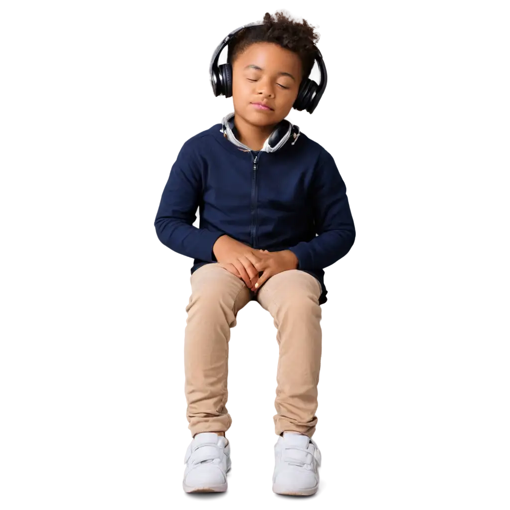 An African American child sitting quietly with headphones on, listening to soft, calming music. The child’s eyes are closed, and they look relaxed and peaceful. The background is simple and serene, with a few soft pillows or blankets around, suggesting a peaceful moment of rest.