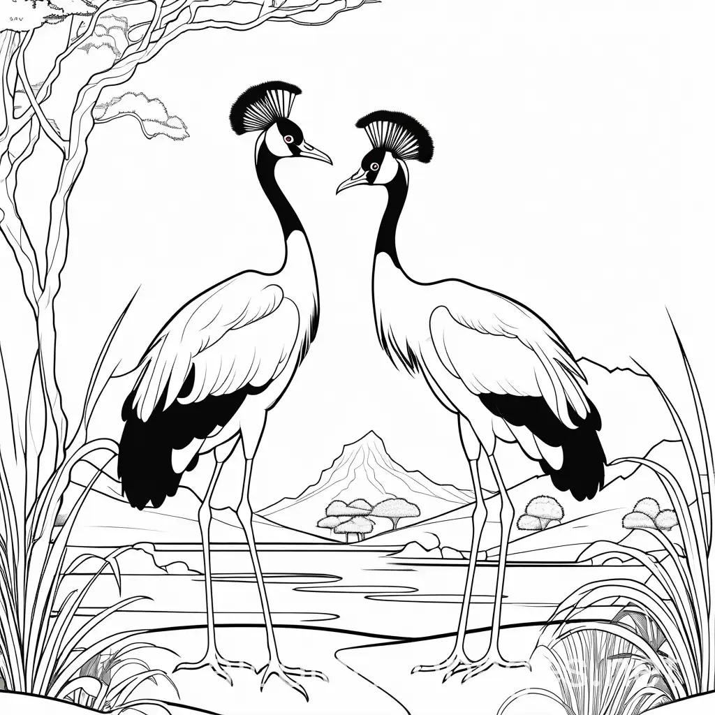 Crowned-Crane-Coloring-Page-in-Savannah-Landscape