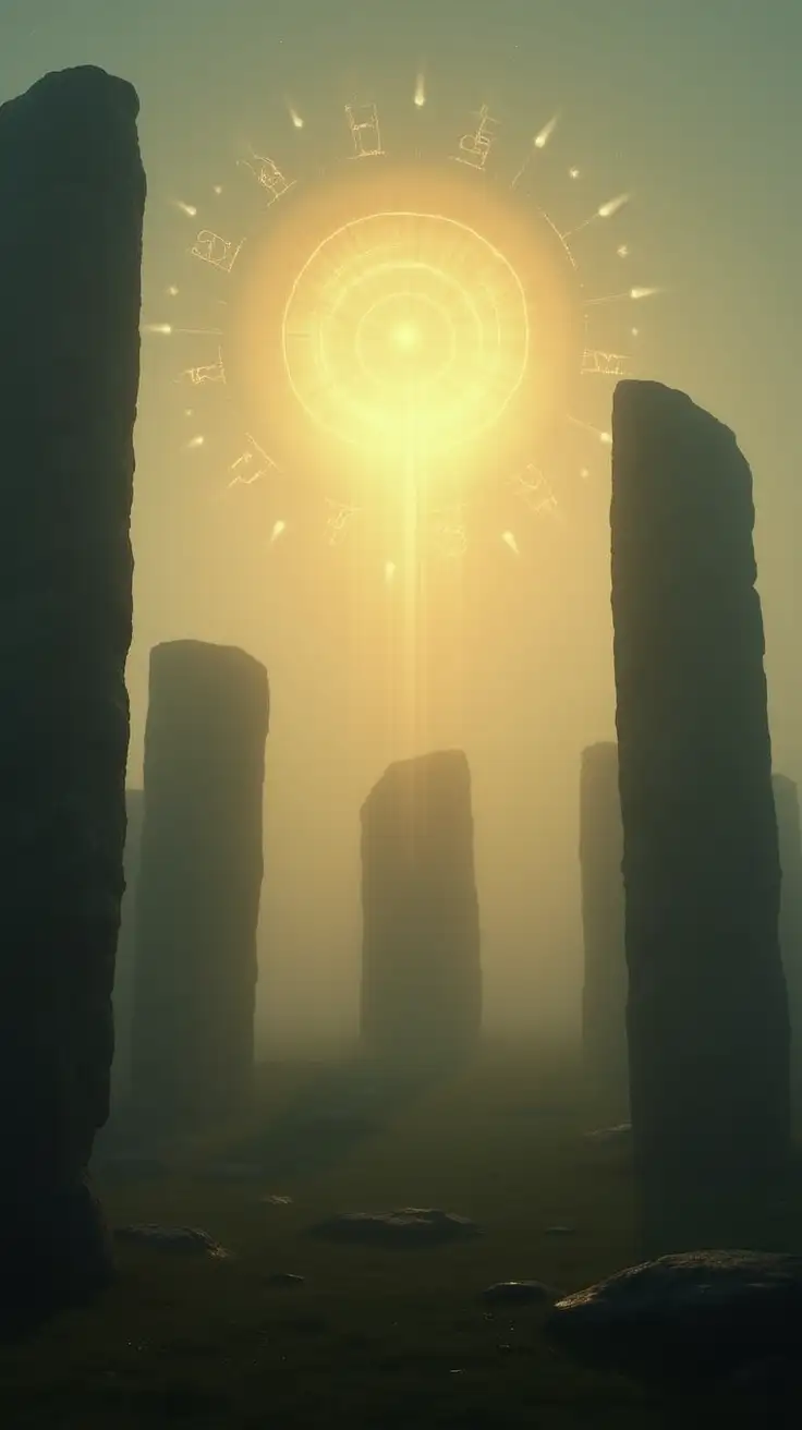 A misty dawn scene inside an ancient stone circle. Tall standing stones rise, bathed in soft golden light breaking through the mist. Faint glowing symbols and ancestral markings hover in the air above —spirals, ancient runes—radiating with memory and connection. Atmosphere of deep lineage, love, and timeless remembrance.