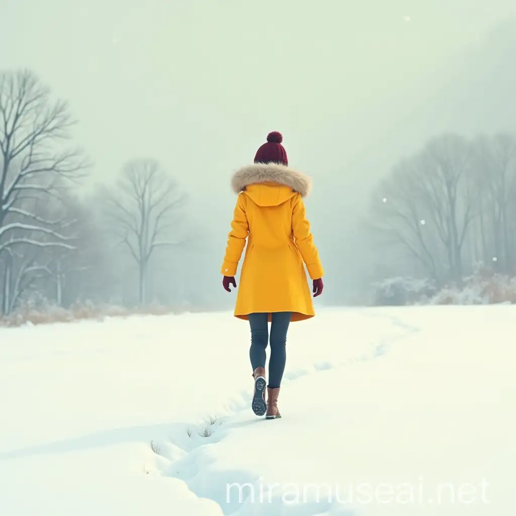 Winter Scene Minimalistic Woman in Highlight Yellow Coat Walking Alone on Snow