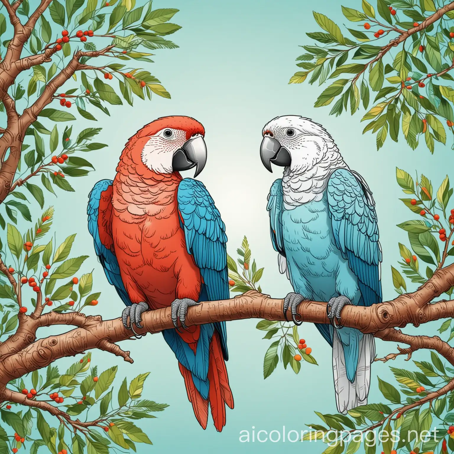 Colorful-Parrots-Perched-on-Tree-Branches-Coloring-Page