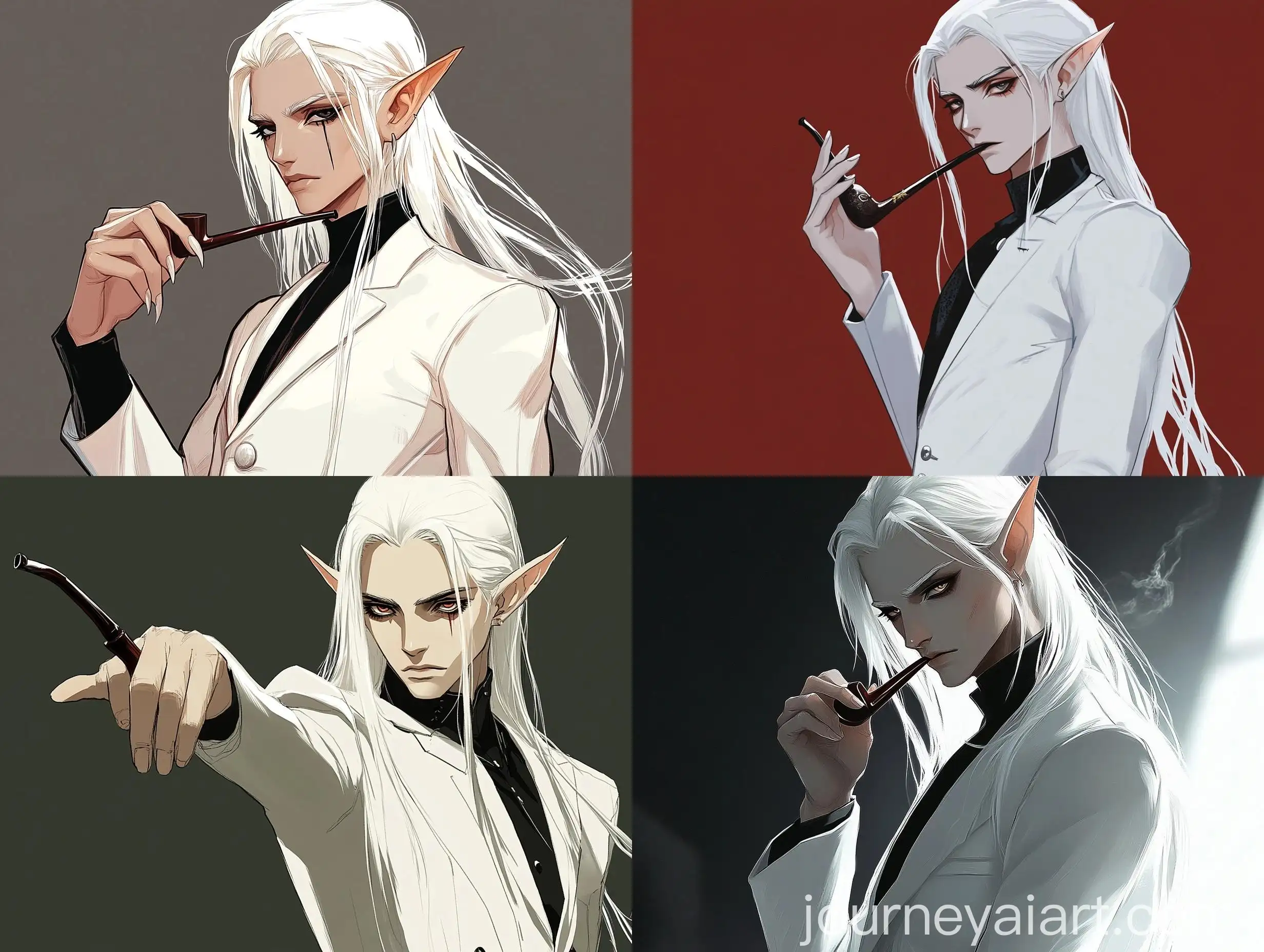 Fantasy-Elf-Warrior-in-White-Military-Uniform-with-Kiseru-Pipe