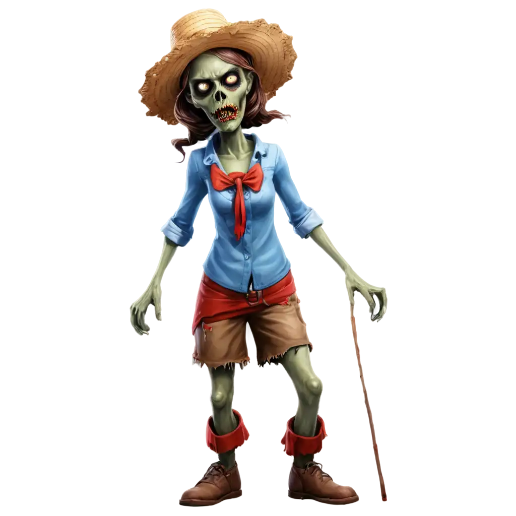 Cartoon-Zombie-Woman-in-Country-Clothes-with-Straw-Hat-PNG-Image