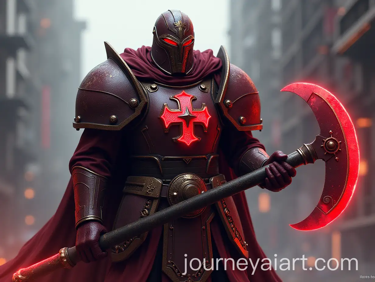 Hyperrealistic-Warrior-in-Maroon-Armor-with-Red-Glowing-Axe