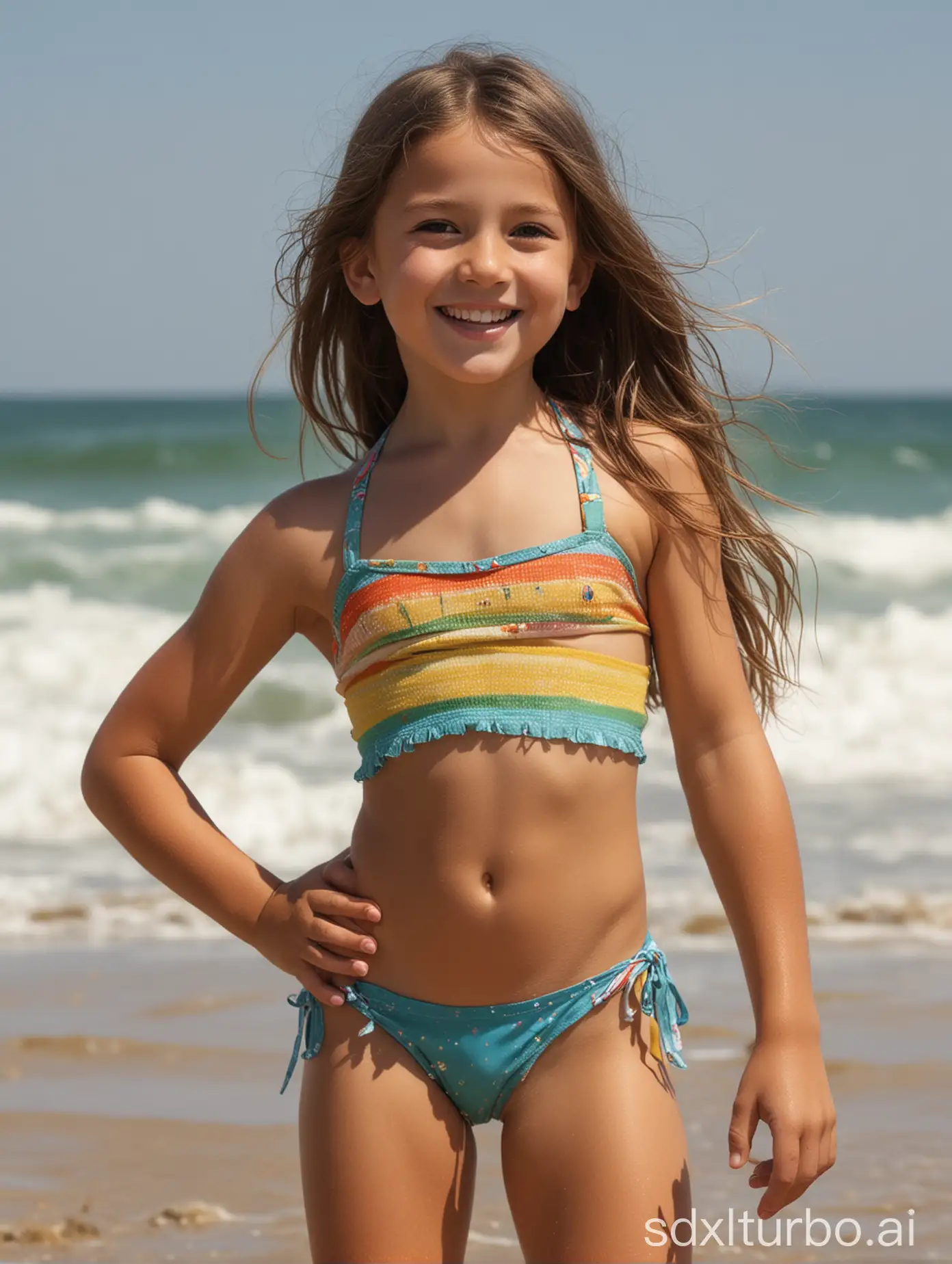 Subject: The main subject of the image is a 9-year-old girl.nSetting: The setting is a beach, indicated by the mention of sand and water.nBackground: The background could feature a sunny beach with waves gently crashing onto the shore, enhancing the summery vibe.nAction: The girl is smiling, indicating joy and contentment. She might be posing confidently to showcase her muscular abs, suggesting pride or confidence.nItems: The girl is wearing a string tiny bikini, emphasizing her physique.nCostume/Appearance: The girl has long hair and wears a string tiny bikini, typical attire for a beach day. Her smile and confidence could be highlighted in her facial expression and posture.nAccessories: Accessories might include sunglasses, sunscreen, or a beach towel nearby, adding realism to the beach setting.