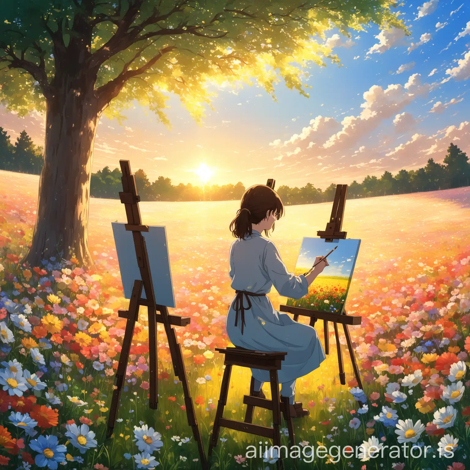 Anime-Girl-Painting-in-a-Field-of-Flowers-Under-a-Tree-with-Clear-Sky-and-Warm-Light