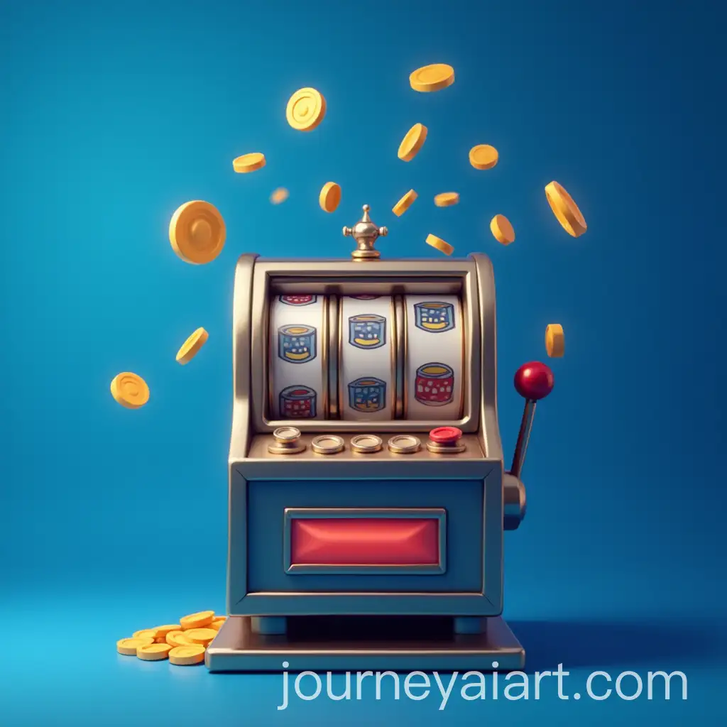 Realistic-Slot-Machine-with-Flying-Coins-on-Blue-Background
