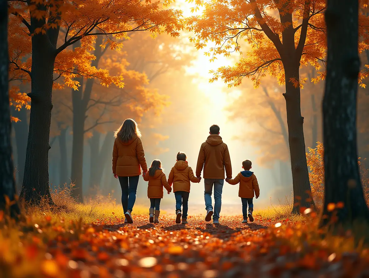 Family-Enjoying-an-Autumn-Walk-in-a-Forest-with-Double-Exposure-Effect