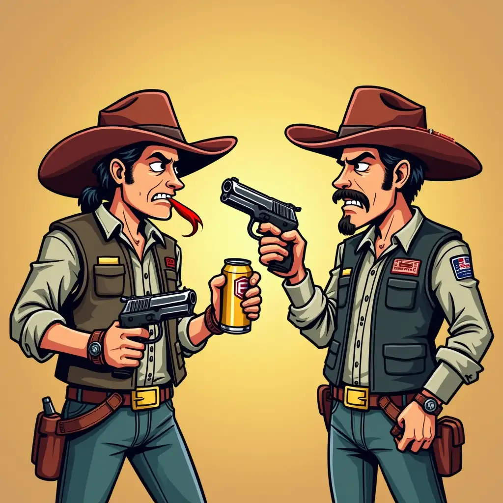 Cartoon-of-Two-People-in-Bulletproof-Vests-and-Redneck-Hats-Shooting-Pistols-While-Holding-Beer-Cans