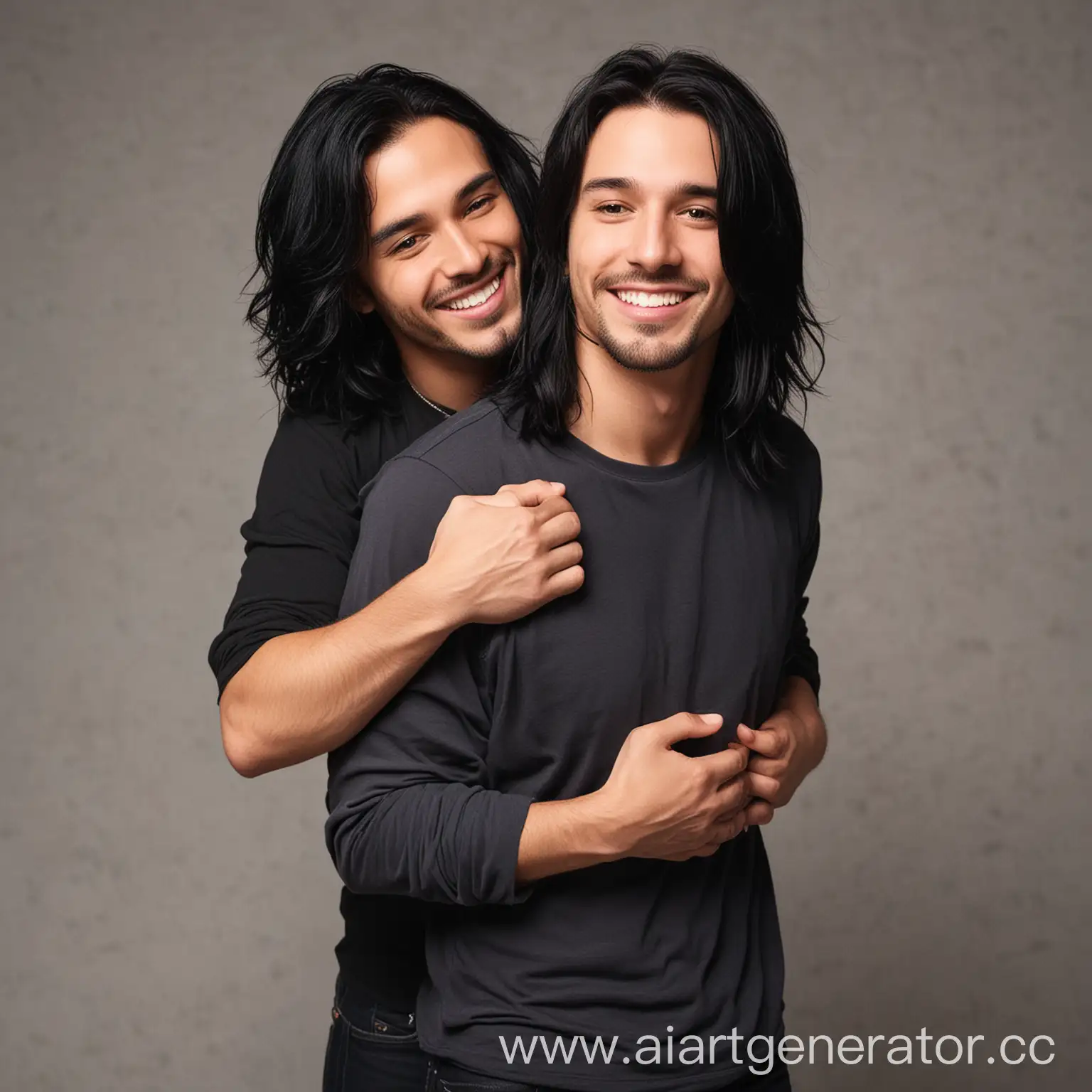 Two-Men-Embracing-and-Smiling-with-Long-Black-Hair