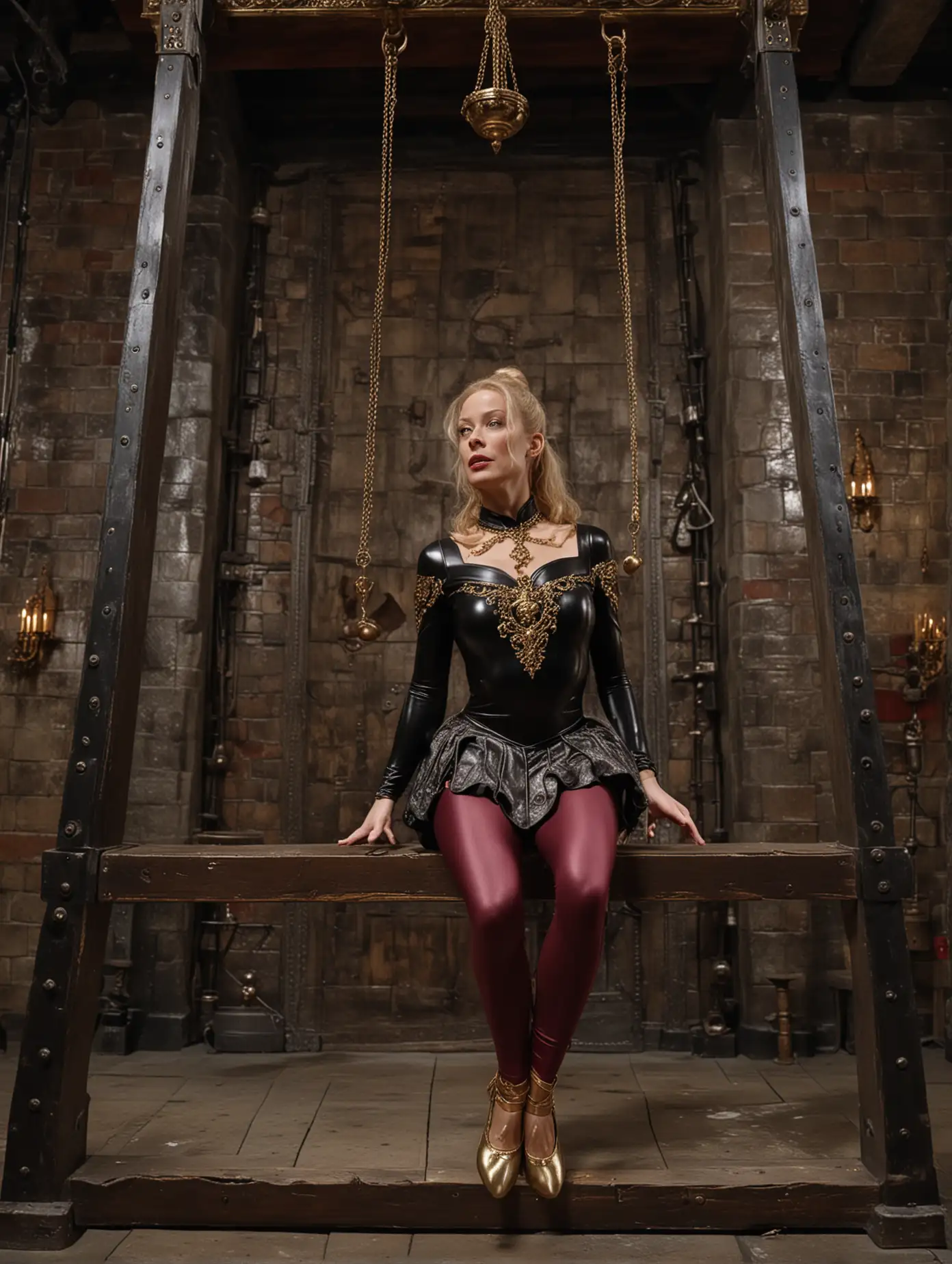 Camera orientation from the floor upwards between the legs.
seven of nine in a black shiny leotard with golden ornaments and skirts, in burgundy shiny leggings and silver-coloured ballet slippers.
fixed in a medieval pillory.
In a dark medieval dungeon