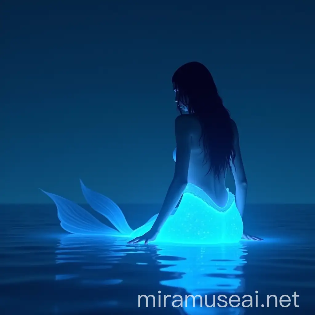 Elegant Minimalist Mermaid Sitting in Midnight Ocean