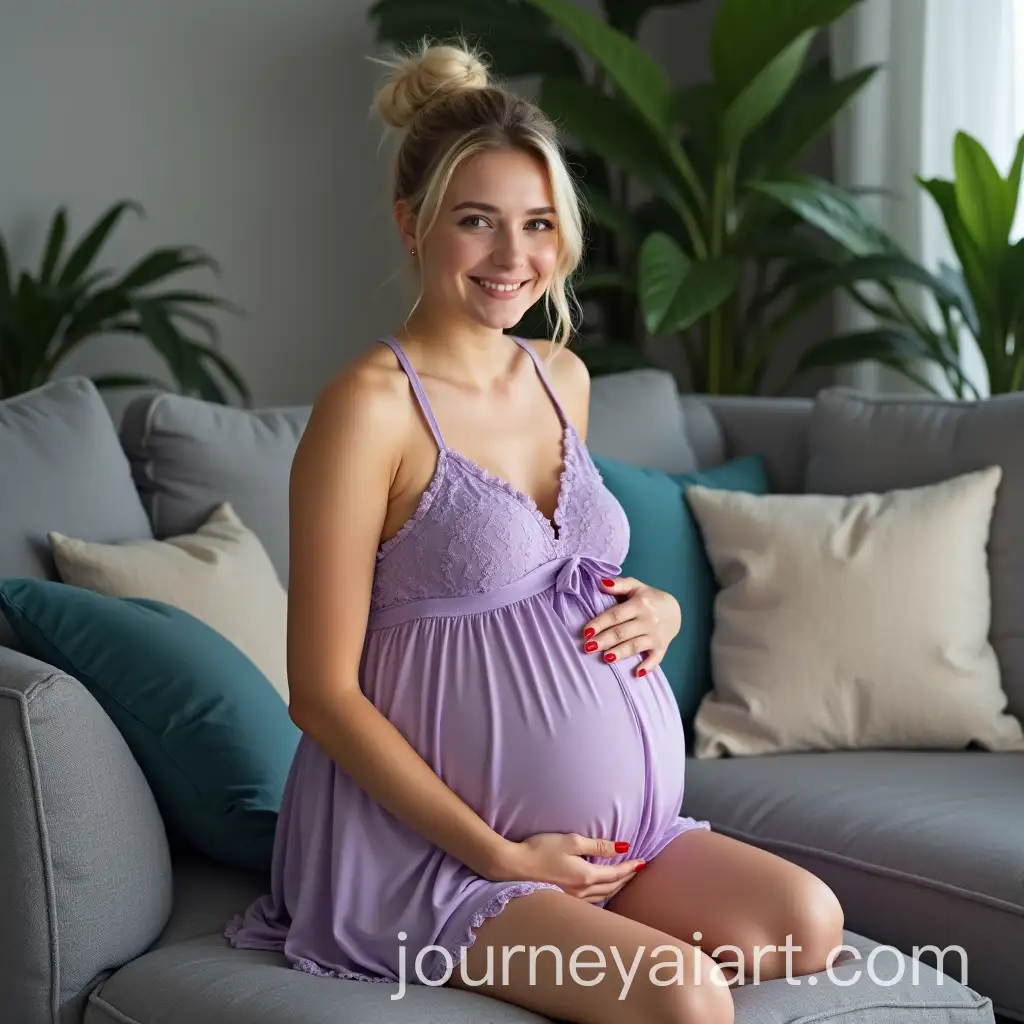 Pregnant-Woman-in-Lavender-Nightgown-Seated-on-Couch-with-SoftAI-Image-Prompt-Expansion-Lighting