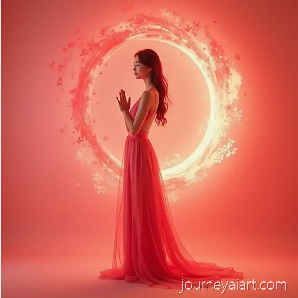 Woman-Glowing-in-Spiritual-Harmony-with-Soft-Pink-and-Red-Backdrop-for-Chinese-Second-Spring-Celebration