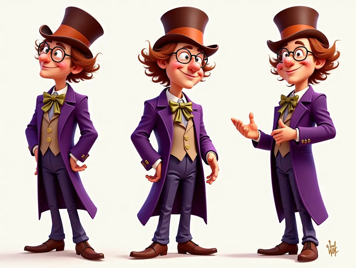 Create an image of a cartoon character inspired by Willy Wonka from the 2005 film Charlie and the Chocolate Factory. The character should be dressed in a purple suit and hat. Be sure to include white glasses, just like in the movie. Illustrate Willy Wonka in various poses and with a range of emotions to showcase his vibrant and eccentric personality. The atmosphere should be bright and whimsical, conveying a sense of magic and adventure.