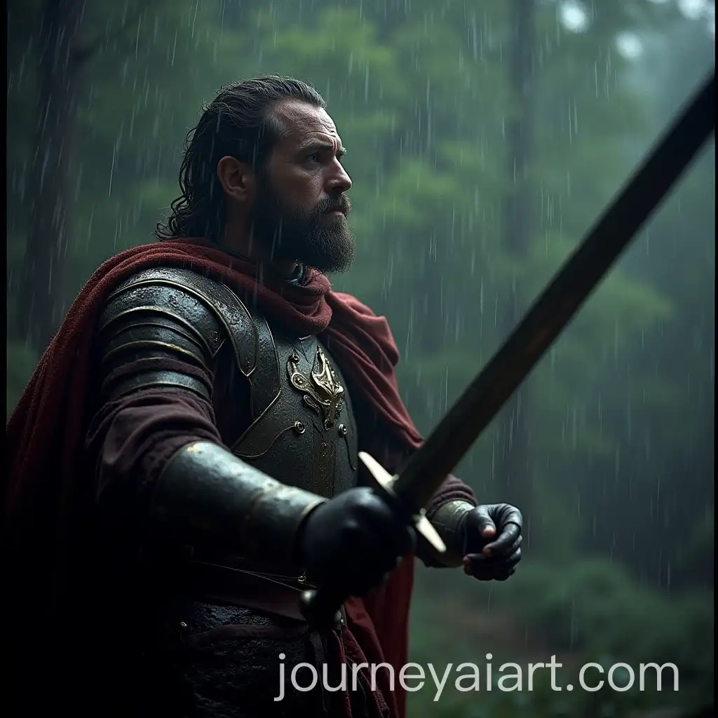 CloseUp-of-a-Warrior-in-AngloSaxon-Armor-Wielding-a-Sword-in-a-Rainy-Dark-Fantasy-Setting