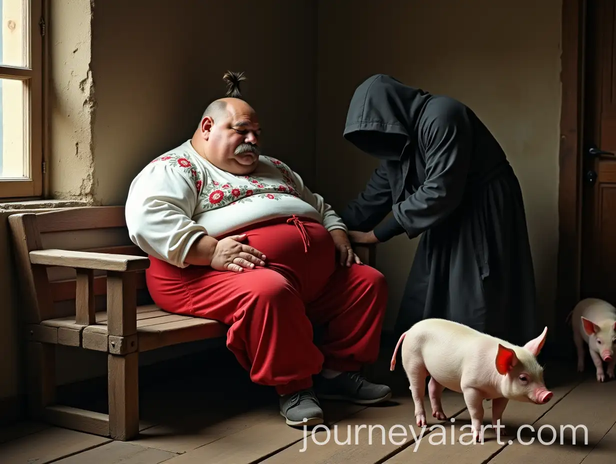 Ukrainian-Peasant-Sleeping-inAI-Image-Prompt-Expansion-Traditional-House-with-Pigs-and-Cloaked-Figure