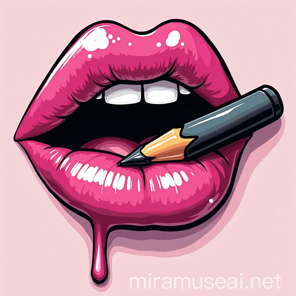 Vibrant Graffiti Cartoon of Pink Lips Biting a Pen