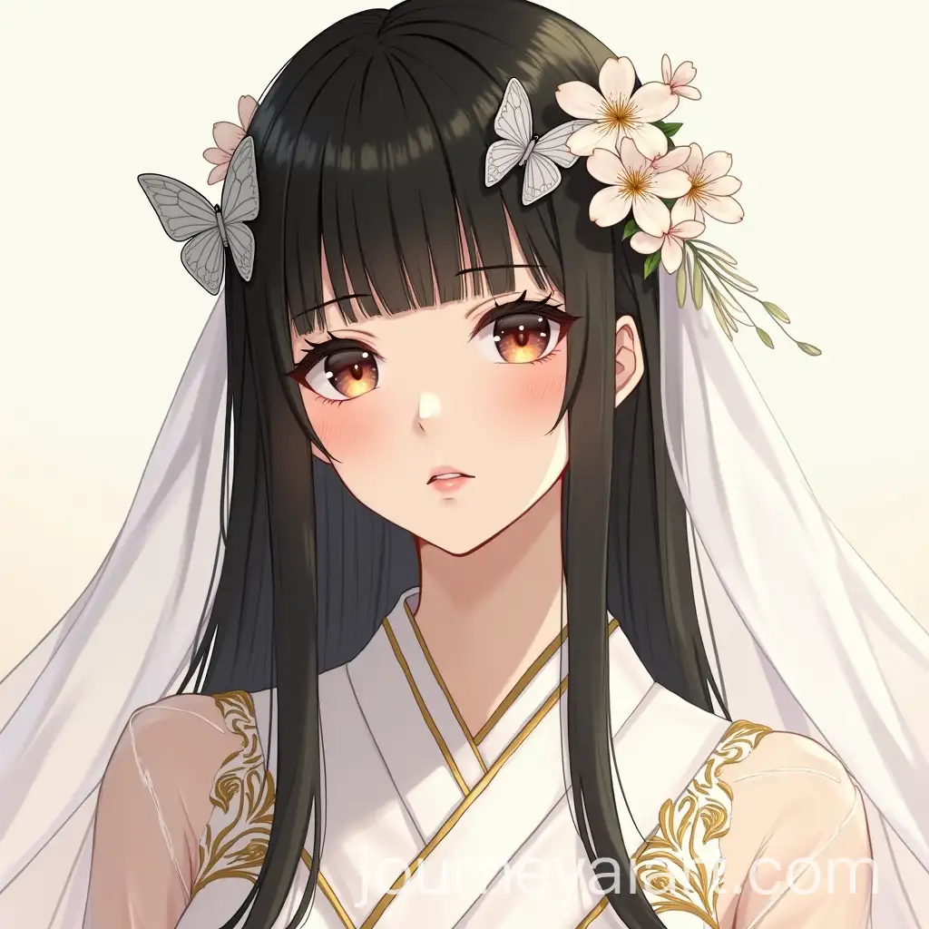 Japanese-Woman-with-Black-Straight-Hair-and-Sakura-Hair-Accessories-in-Elegant-White-and-Gold-Kimono-Dress