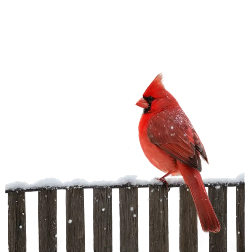 A red cardinal sitting on a fence with it snowing in the background