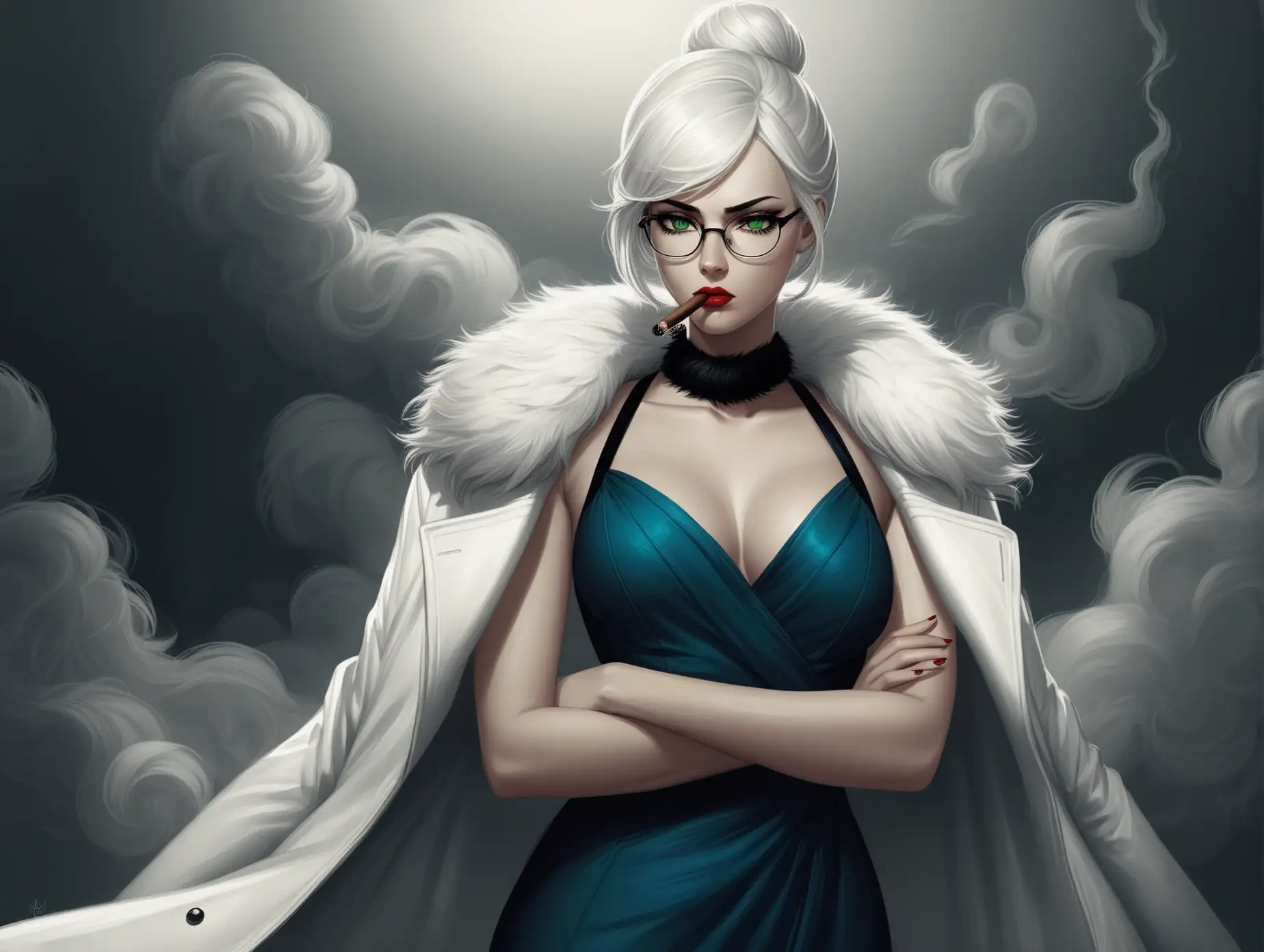 Woman, Good figure, green eyes, big breast, white hair, hair in a bun, frowning, crossed arms, glasses, blue dress, cigar mouthpiece, white coat with fur collar, eyes with black eyeliner, red lipstick, full length, Charlie Bowater, Fantasy, cigarette in mouth