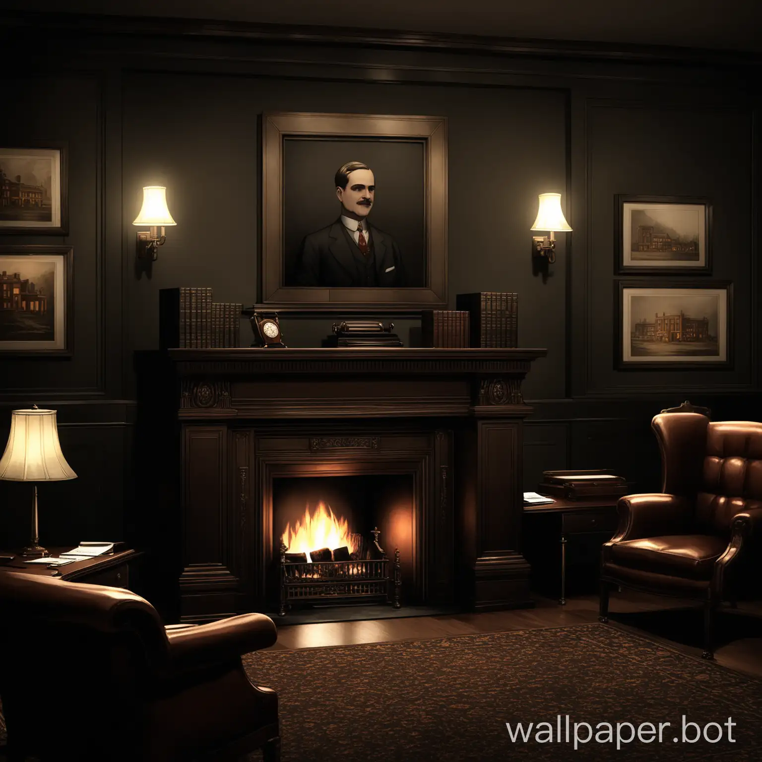 1920's executive office, dark background, fireplace, 3840 x 2460.