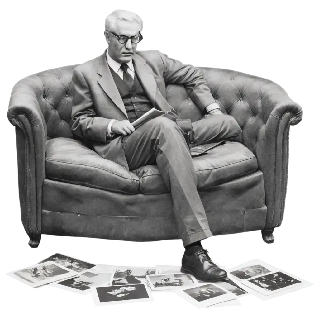 Black-and-White-Sketch-of-a-Mature-Man-Lecherously-Flipping-Through-Old-Photographs-on-a-Sofa-PNG-Image