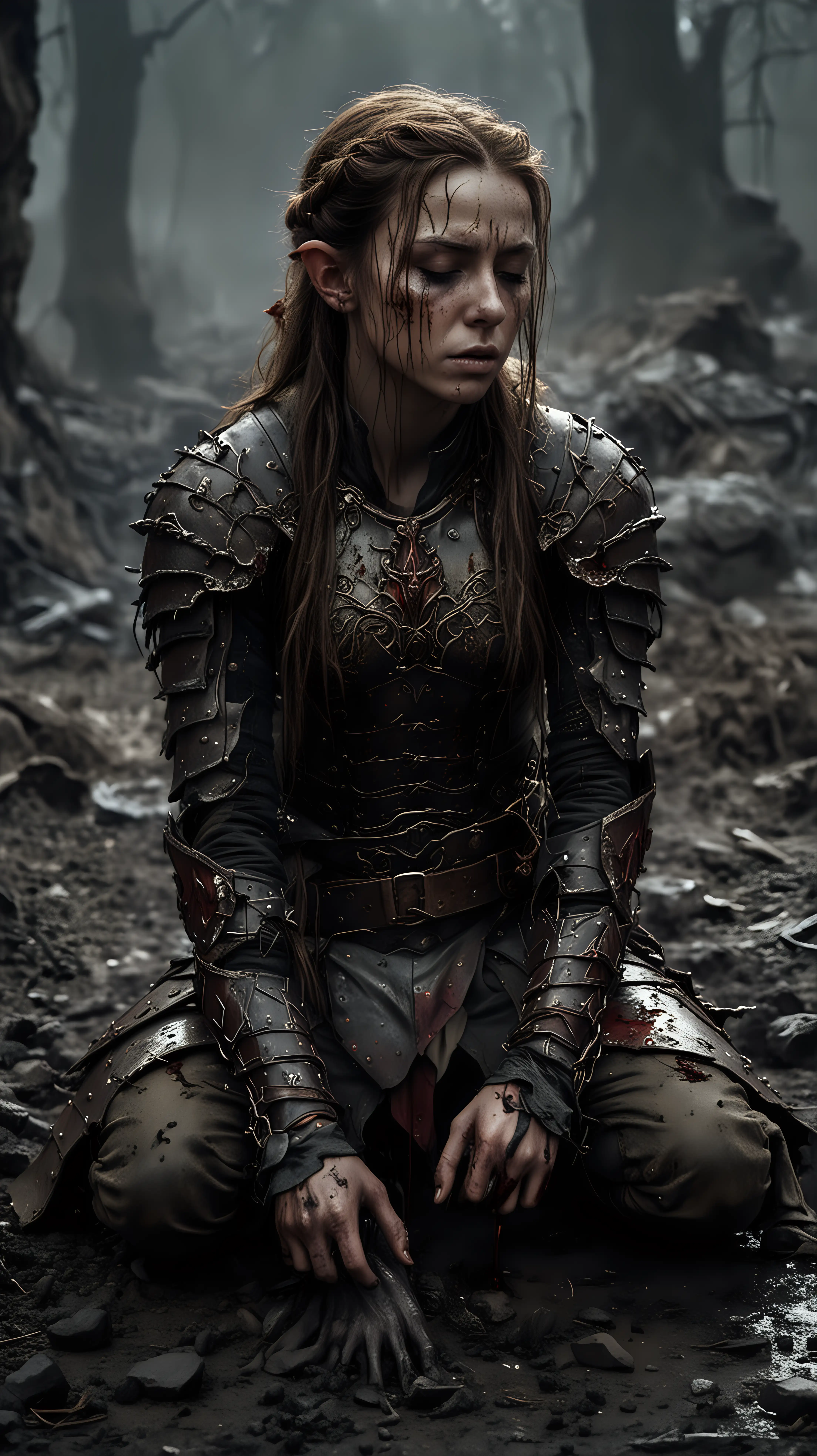 Wounded-Elf-Queen-Kneeling-on-a-Desolate-Battlefield-at-Night