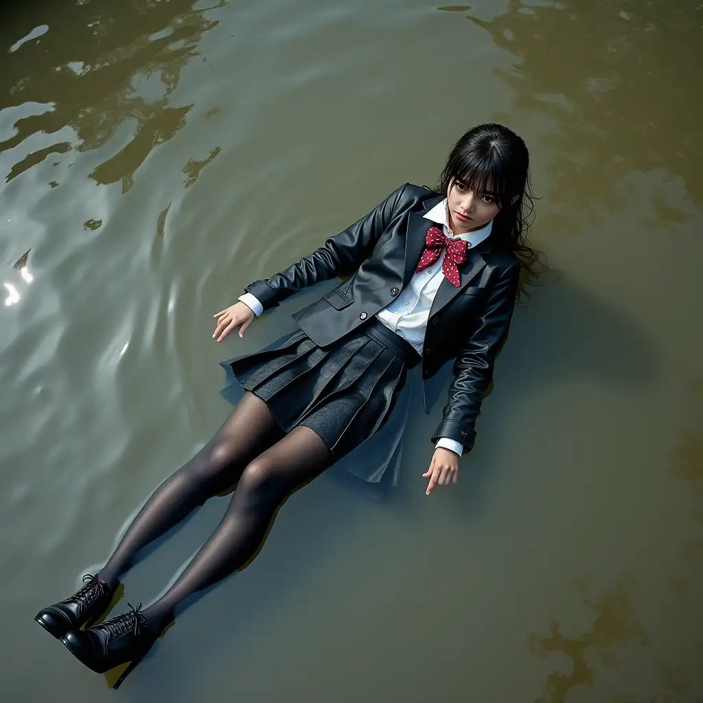 A schoolgirl in a school uniform, with a skirt, jacket, blouse, dark tights, high-heeled shoes. Swims in a dirty pond, clothes are completely wet, under water, lies in the water, full wetness, wet clothes stick to the body, immersion in water.